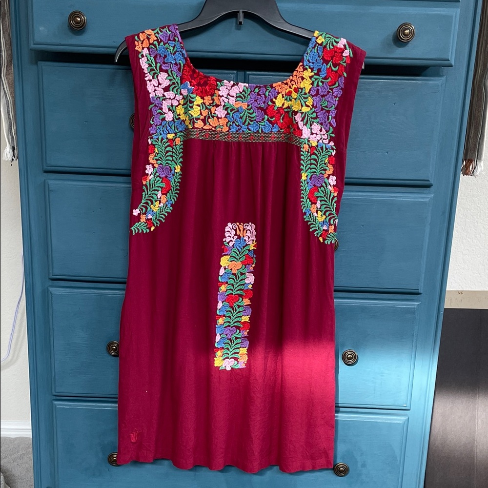 Elegant Floral Embroidered Dress - Burgundy and Multicolor